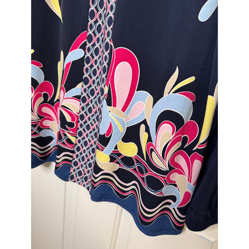 JM Collection Border Print Sheer Sleeve Blue Pink Yellow V-neck Blouse Plus XXL - Picture 2 of 7